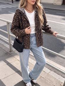 Women Fall Elegant Hooded Long Sleeve Jacket, Leopard Print Drawstring Button Front Pocketed Loose Fit Daily Street Vacation Outerwear - Multicolor - View 8