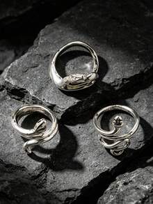 3pcs Minimalist Vintage Personalized Zinc Alloy Snake Open Ring For Men, Suitable For Daily Wear Jewelry Accessory, Holiday Gift Birthday Gift For Friends - Silver - View 2