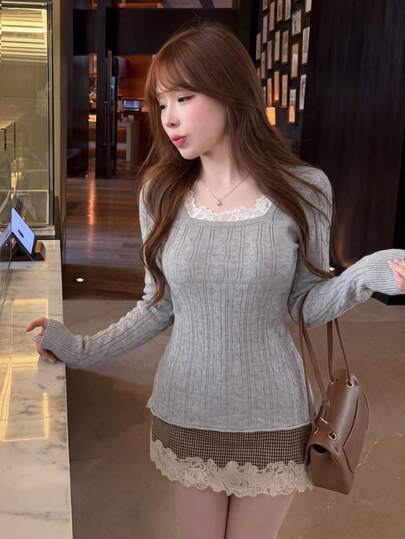 Women's Ribbed Knit Pullover Sweater, Contrast Color Lace Square Neck Long Sleeve, Autumn/Winter Essential