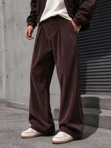 Men's Corduroy Wide Leg Pants, Comfortable Casual Loose Fit Solid Color Versatile Long Pants, Suitable For Spring And Autumn, Street Style, Business Casual Men's Pants - Coffee Brown - View 2