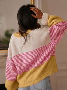Women's Plus Size Striped Knit Button-Front Cardigan Sweater With Frill Trim, Long Sleeve Top, Elegant Casual For Vacation And Daily Wear, Spring/Autumn/Winter - Ginger - View 6