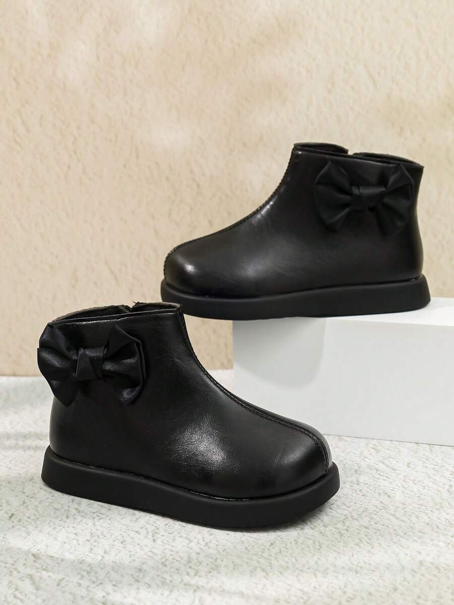 1 Pasang Sepatu Bot Chelsea Anak Perempuan, Bahan PU Lembut + Dekorasi Pita Kain, Sol Karet Datar Anti Selip Ujung Bulat, Desain Resleting Dalam, Sepatu Bot Gaya Retro Klasik Minimalis, Cocok Untuk Sehari-hari, Sekolah, dan Aktivitas Luar Ruangan - Hitam - View 1