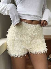 Quần short nữ SCARLUX Y2K lông xù mềm mại, phong cách đường phố mùa thu cho tiệc tùng và đi chơi đêm - Màu be - Xem 6