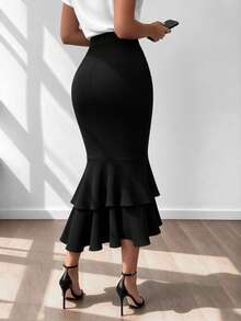 Women's Autumn/Winter Commuter Style High Waist Cinched Waist Bodycon Multi-Layer Ruffle Hem Mermaid Mid-Length Skirt Elegant Commuter Skirt - Black - View 2