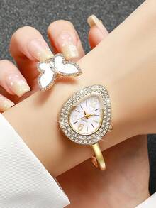 Women's Fashion Casual Water Drop Rhinestone Butterfly Bracelet Quartz Watch, Gift For Girlfriend (1pc/Set) Watch Box Not Included - Gold - View 2