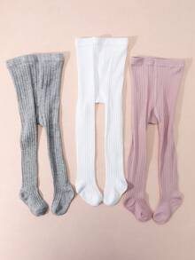 3 Pairs Girls' Solid Color Leggings, Vertical Striped Tights, Simple Versatile Children's Pantyhose, Elastic & Comfortable, All Season - Multicolor - View 3