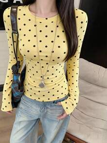 Women's Round Neck Long Sleeve T-Shirt, Spring/Autumn New Fashion Polka Dot Pattern Design, Pure Desire Hot Girl Style, Casual Versatile Slim Fit Cropped Top, Suitable For Daily Wear - Yellow - View 9