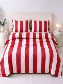 3-Piece Minimalist Orange Striped Bedding Set Queen Size - Ultra Soft Polyester Duvet Cover Series - Lightweight Soft Breathable Bedding (Queen, Orange) - Red - View 1