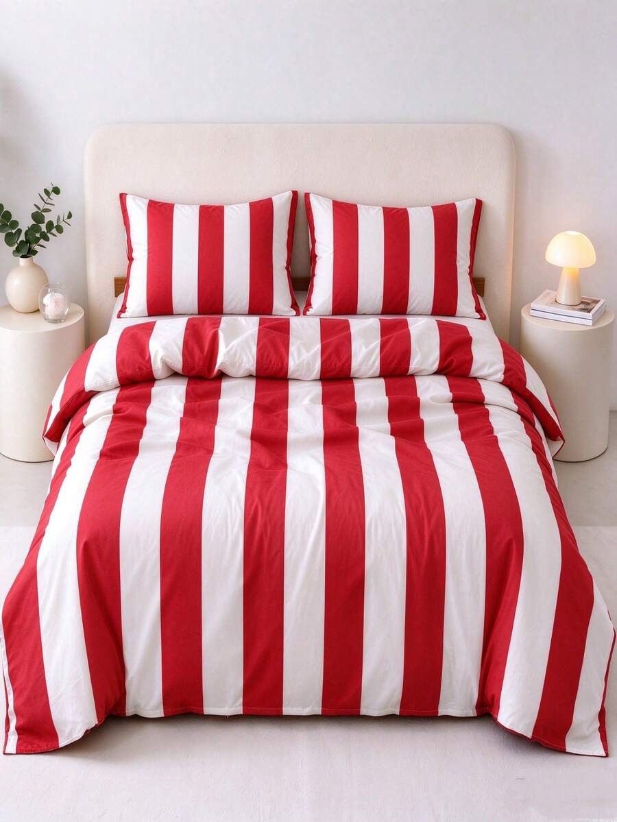 3-Piece Minimalist Orange Striped Bedding Set Queen Size - Ultra Soft Polyester Duvet Cover Series - Lightweight Soft Breathable Bedding (Queen, Orange) - Red - View 1