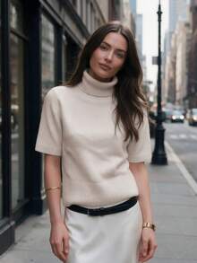 Women Turtleneck Short Sleeve Sweater Knit Top Ribbed Hem Basic Layering Outfits For Fall Winter Daily Commuting Going Out Dating - Apricot - View 4