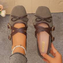 Women's Mary Jane Flats, Square Toe Grey, Cross Strap Bow, Spring/Autumn, Soft & Breathable, Casual Commute Shoes - Grey - View 8