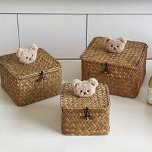1pc Vintage Straw Woven Storage Box With Lid, Bear Decoration, Handmade Woven Organizer Bin For Bedroom Desktop, Cosmetics And Sundries, Home Decor - Multicolor - View 8