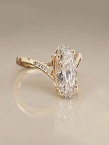 1pc 18K Gold Plated Luxury White Gemstone Ring, Oval Center Stone Ring, Cross Rhinestone Ring, Exquisite Holiday Party Gift For Women - Yellow Gold - View 5