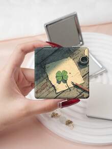 1PC Ins Landscape Series Portable Vanity Mirror, Foldable Lightweight Ultra-Thin Convenient Hand Mirror, PU Leather, Suitable For Multiple Scenarios And All People, Foldable Small Square Mirror, Pocket Mirror, Fresh Clover Sunflower Daisy Sky Printed Pattern Design, Exquisite Handheld 180° Flip Cover Multifunctional - Multicolor - View 8