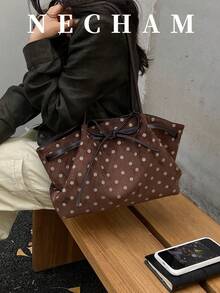 1pc Large Capacity Solid Color Premium Fashion Shoulder Casual Daily Tote Bag - Coffee Brown - View 4