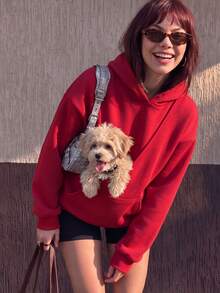 寵物飼主必備，女款休閒抓絨寬鬆連帽衛衣附口袋，適合秋冬，寵物友善設計，秋冬女裝套裝 - 紅色 - 查看 6