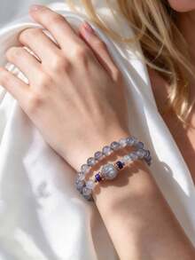 [VE]1pc High-Quality S925 Sterling Silver Double-Strand Natural Grey Moonstone Bracelet With Lapis Lazuli, Symbolizing Emotional Balance And Healing, Sleep Aid And Deep Relaxation, Inspiring Intuition And Insight, Natural Gemstone Color Random - Bracelet - View 2