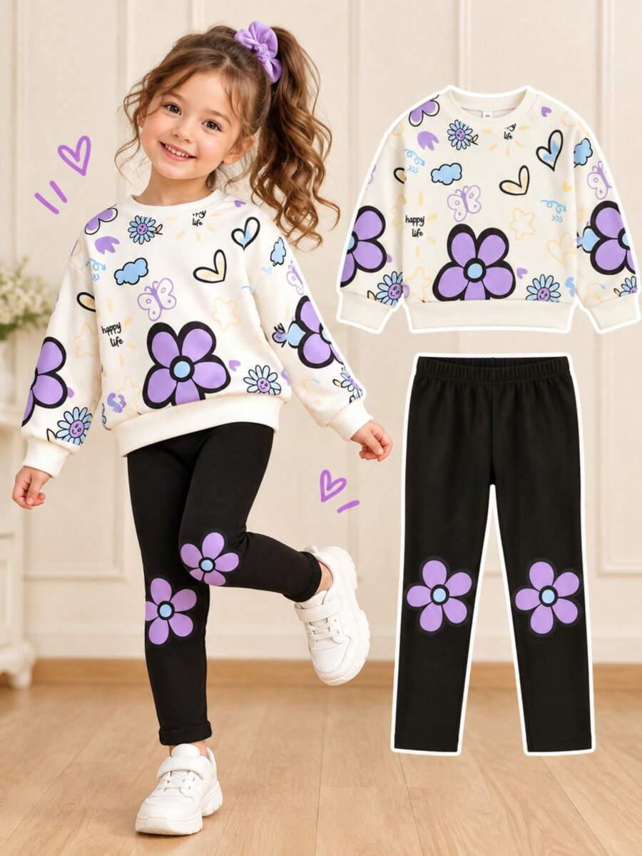 2pcs/Set Young Girls' Fashionable & Elegant Casual Assorted Pattern Top And Pants Outfit - Purple - View 1