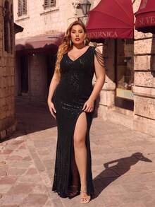 Plus Size Black Sequin Deep V-Neck Sexy High Slit Sleeveless Party Holiday Gathering Evening Dress - Black - View 1