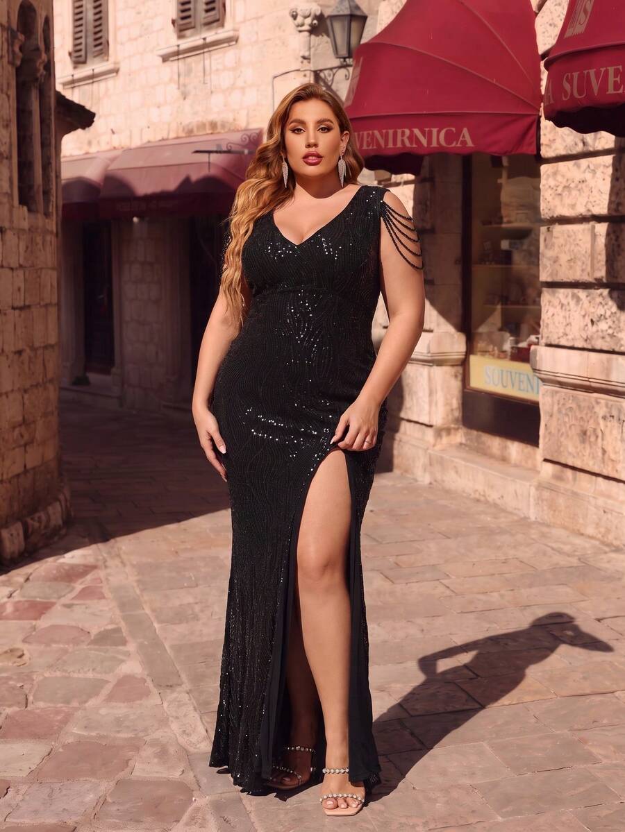 Plus Size Black Sequin Deep V-Neck Sexy High Slit Sleeveless Party Holiday Gathering Evening Dress - Black - View 1