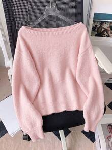 Women's Off-Shoulder Knitted Pullover Sweater, Soft Ribbed Long Sleeve Cropped Top, Cute Autumn/Winter Fashion Essential - Pink - View 5