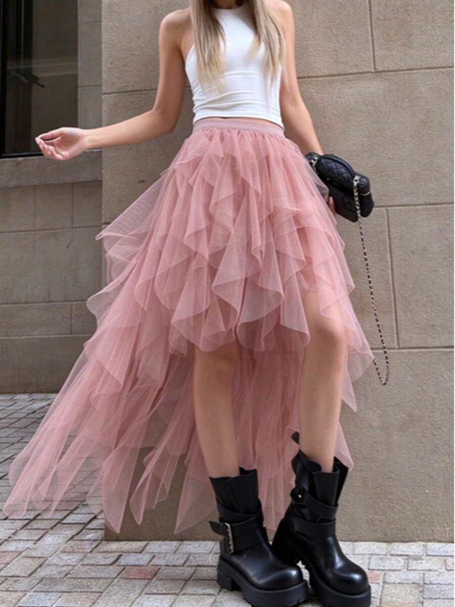 Asymmetrical Flowy White Fairy-Style Skirt Women 2026 Spring/Summer New High-End Vacation Style Elegant Long Skirt - Pink - View 1