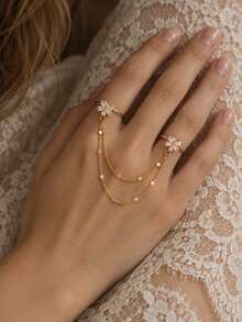 1 pieza Anillo de cadena doble para dedos con strass floral exquisito, anillo de cadena de lentejuelas de múltiples hilos conectado, accesorio decorativo diario - diamantes de imitación - Ver 1