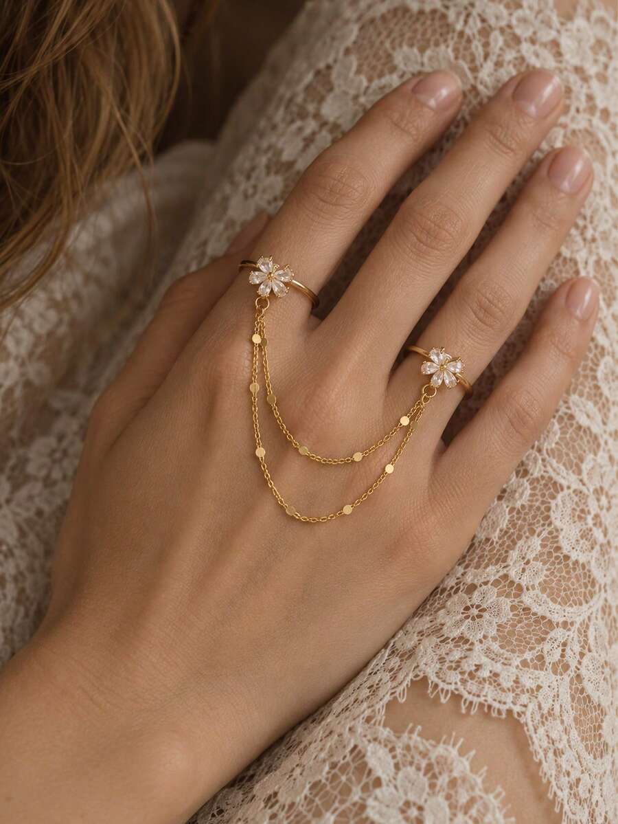 1 pieza Anillo de cadena doble para dedos con strass floral exquisito, anillo de cadena de lentejuelas de múltiples hilos conectado, accesorio decorativo diario - diamantes de imitación - Ver 1