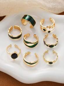 8pcs Fashion Minimalist Elegant Star Moon Sun Oil Drop Ring Set For Women, Suitable For Vacation, Date, Party, Ball, Banquet, Festival, Birthday Gift, Daily Wear (Color Difference) - Dark Green - View 6