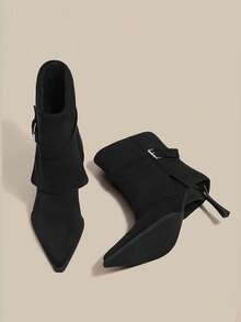 Square Toe Elastic Slim Boots 2025 New Autumn/Winter French Vintage Commute Elegant Fashion Versatile Soft Sole Boots - Black - View 4