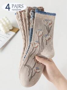 1/4/10/20 Pairs Women's Mid-Calf Socks, Essential For Early Autumn And Winter, New Vintage 3D Floral Embossed Textured Long Socks, Artistic Girl Slouch Socks, Random Shipment - Multicolor - View 8