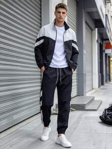 1 Set Men's Spring & Autumn Color Block Tracksuit, Stand Collar Jacket & Drawstring Jogger Pants Casual 2-Piece Outfit, Suitable For Daily Streetwear - Black and White - View 3