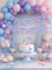 1 Set Purple Mermaid Birthday Decorations, Mermaid Party Decor, Underwater Mermaid Party Supplies, Mermaid Birthday Banner, Suitable For Birthday Party Decoration - Purple - View 5