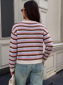 Just Masa Women's Fall Winter Multi-Striped Fuzzy Sweater Top,Long Sleeve Round Neck Rib-Knit Pullover,For Daily Wear,Going Out,Date,Travel - Colorful Stripes - View 2