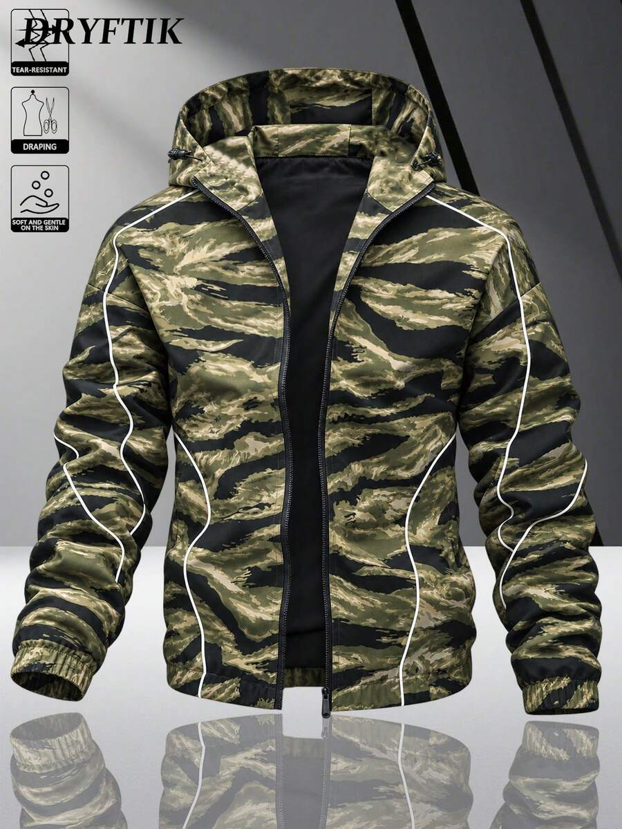 Men's Functional Hooded Windbreaker Jacket, Adjustable, Non-Deforming, Lightweight, Portable, Stylish Basic Outerwear For Boys - Army Green - View 1