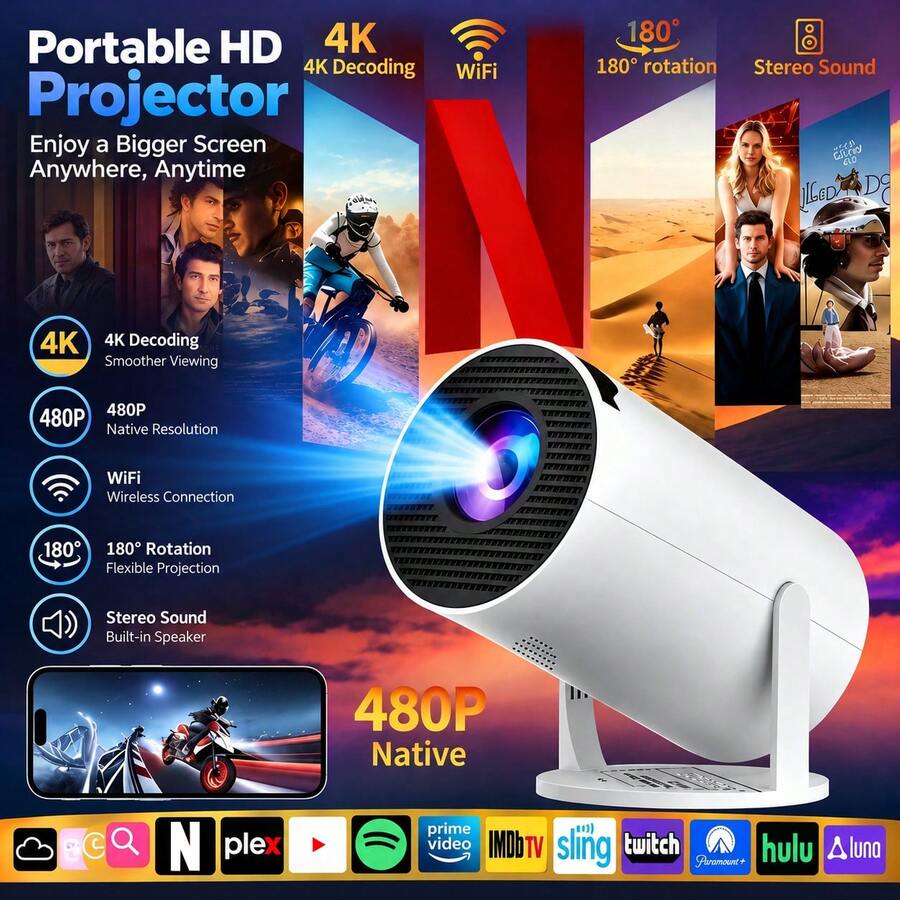 Android 14 Flagship Smart Projector 5000 ANSI Lumens 4K UHD Support Auto Focus Auto Keystone Correction WiFi6 Bluetooth 5.3 Low Latency Gaming Ultra Quiet Portable Home Cinema Projector Suitable For Office Education Compatible With 5V 2A/3A Charger Includes Data Cable
