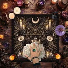 1pc Tarot Table Cloth, All Seeing Eye Crescent Moon Pentagram Black Rose Crystal Candle Altar Cloth, Witchy Divination Tarot Card Mat, Wicca Spiritual Reading Cloth For Tarot & Oracle Cards - Multicolor - View 2