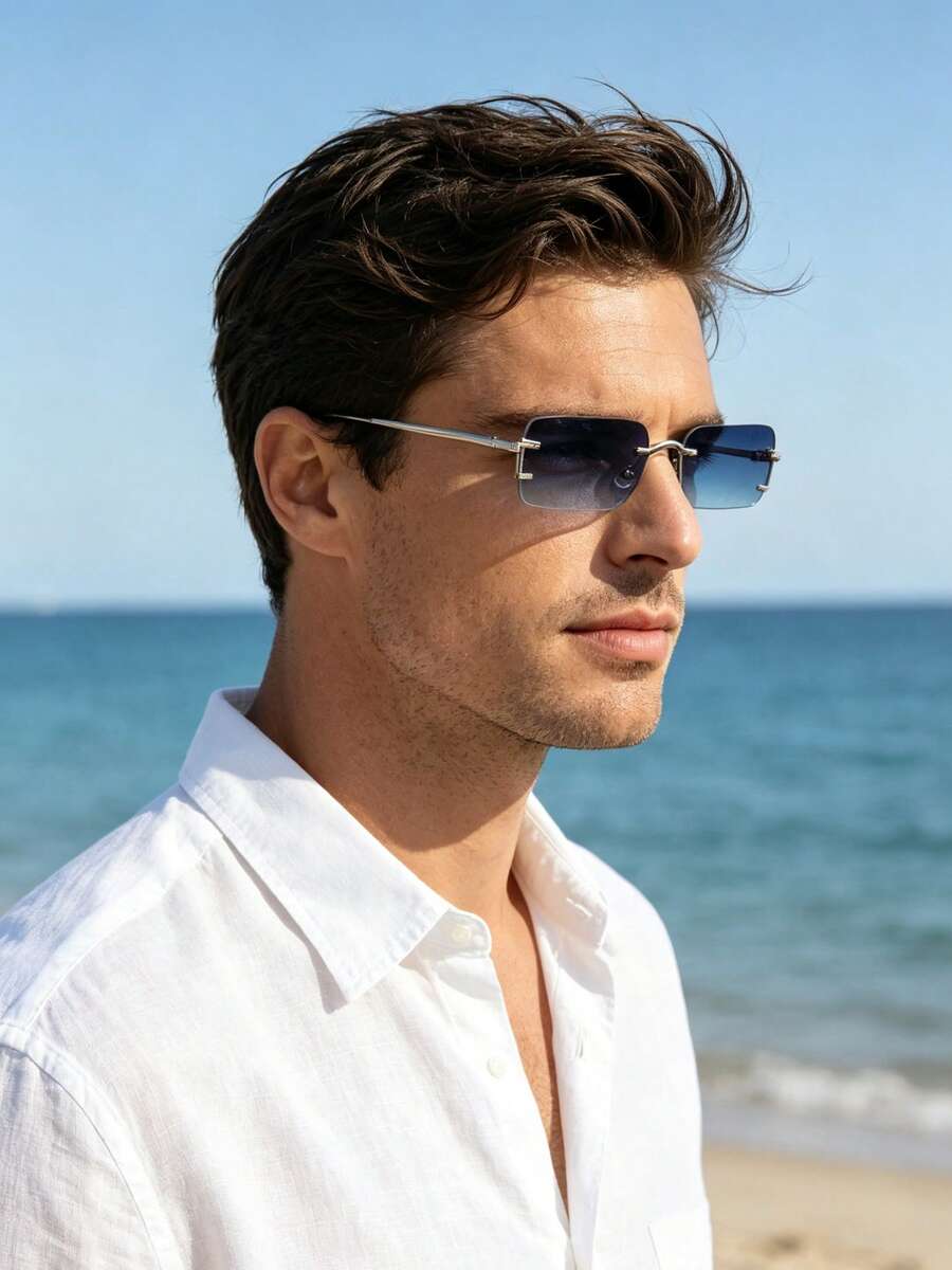 1 Pair Men's Fashion Retro Modern Popular Design Ocean Slice Rimless Metal Glasses - Silver Gray Blue - View 1