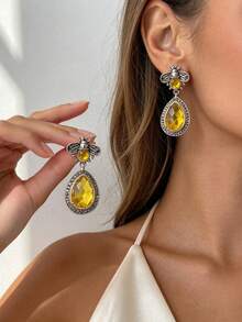 Yellow Teardrop Drop Earrings Bee Antique Metal Color Blocking Boho Vintage - Bee Teardrop Earrings - View 1