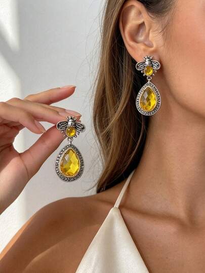 Yellow Teardrop Drop Earrings Bee Antique Metal Color Blocking Boho Vintage