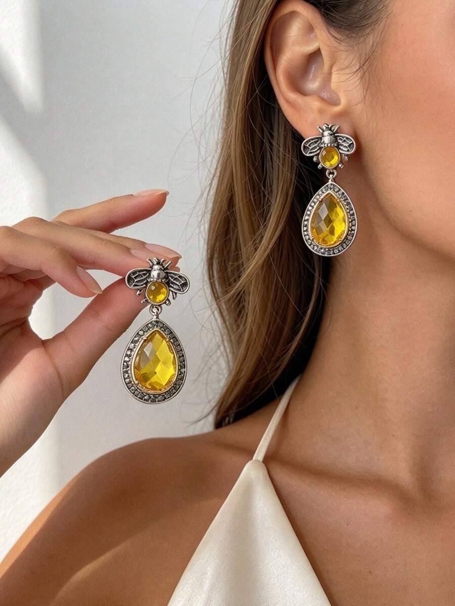 Yellow Teardrop Drop Earrings Bee Antique Metal Color Blocking Boho Vintage - Bee Teardrop Earrings - View 1