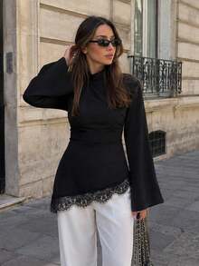 Women's Black Satin Elegant High Collar Tie-Back Asymmetric Lace Hem Flare Sleeve Blouse, Suitable For Spring/Autumn Party - Black - View 2