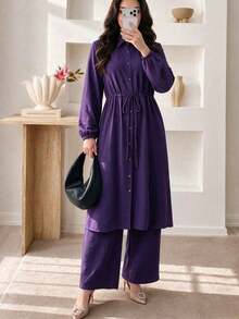 Women's Wrinkled Texture Lapel Front Button Cardigan Top + Wide Leg Pants 2pcs Set, Drawstring Waist Long Sleeve Casual Outfit, Elegant And Decent - Purple - View 2