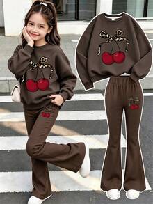 Teen GirlCasual Versatile Cherry Print Crew Neck Sweatshirt And Flare Leggings 2-Piece Set, Autumn/Winter Outfit, Homecoming Wear - Brown - View 1