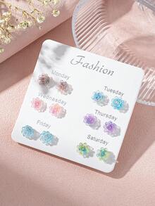 6 Pairs Gradient Multicolor Floral Combination Earrings, Delicate Stud Earring Set For Women's Daily Casual Wear - Multicolor - View 2