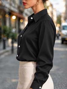 Plus Size Women's Fashion New Arrival Casual Satin Button-Up Shirt Black Spring - Black - View 3