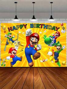 MASSDI Happy Birthday Party Backdrop, Bright Yellow Radiant‑Style Game Character Photo Background Cloth With Multi‑Character Prints, HD Vivid Color Printing, Wrinkle‑Resistant Polyester Fabric, Foldable, Reusable And Easy To Hang - Multiple Styles - View 8
