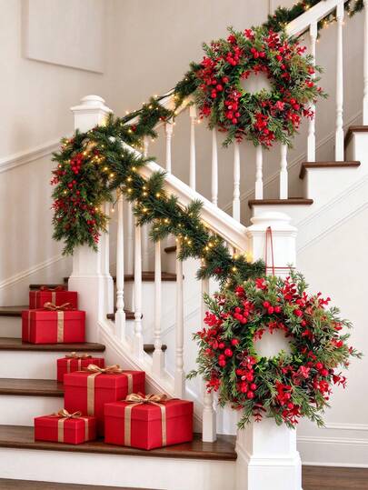 1 peça Coroa de Natal Artificial de Poinsettia com Agulhas de Pinheiro Realistas e Bagas Vermelhas, Decoração de Folhas Vermelhas e Verdes Mistas, Adequada para Celebração de Natal, Decoração de Quarto e Casa, Fabrico de Coroas DIY, Decoração de Árvore de Natal