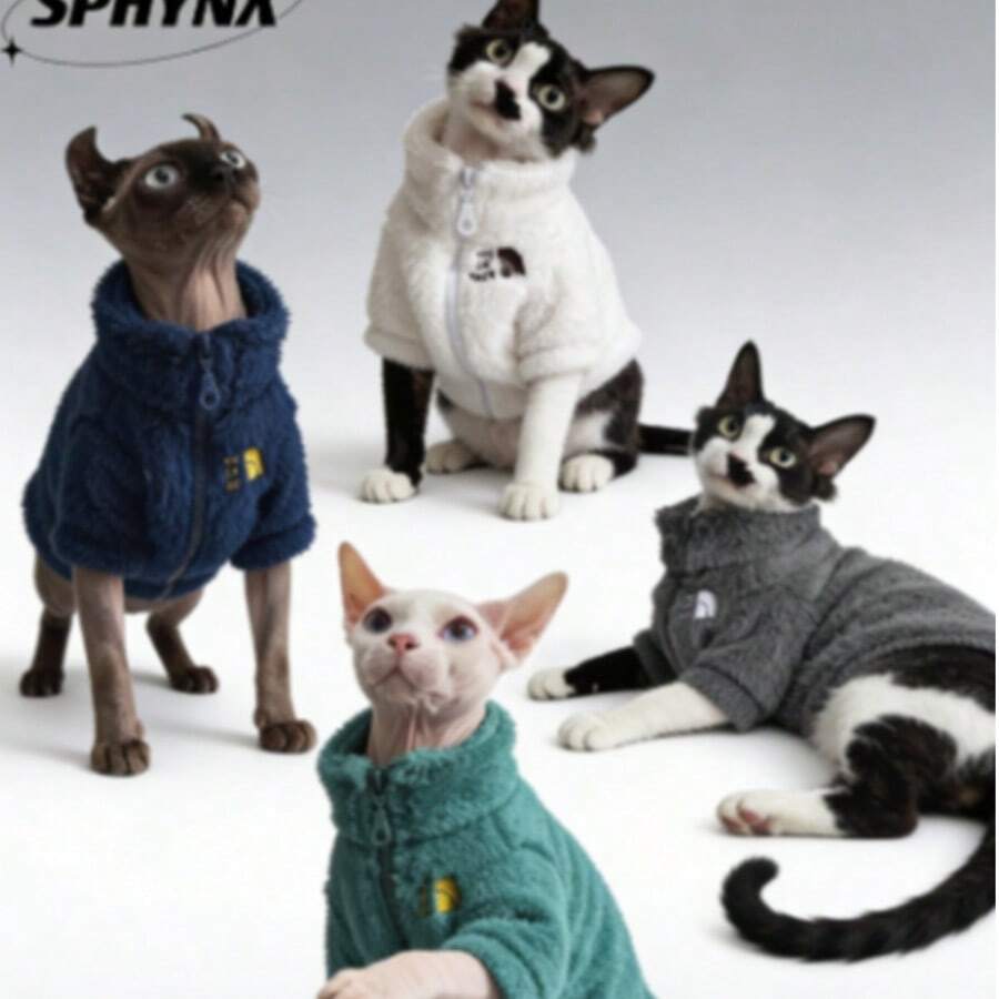 3-Color Fashion Winter Pet Coat, Hairless Cat Clothing, Sphynx Devon Thick Warm Fleece Jacket, 4-Color Lamb Fleece Warm Coat - White - View 1