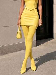 1 Pair Women's Candy Color Velvet Tights, Multiple Colors Available, Full Length Solid Color Pantyhose With Moderate Transparency, Suitable For Party, Holiday, Cosplay, Photography, Hand Washable, Y2K Street Style, Applicable For Themed Outfits And All-Year Wear - Yellow - View 3